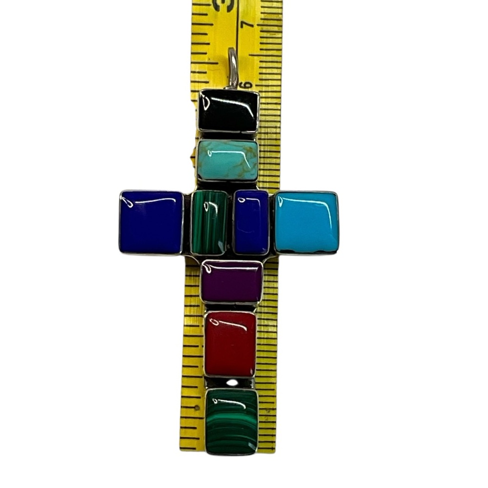 Handcrafted ATL Taxco Mexico Sterling Silver Multi-Gemstone Inlay Cross Pendant - Picture 8 of 10